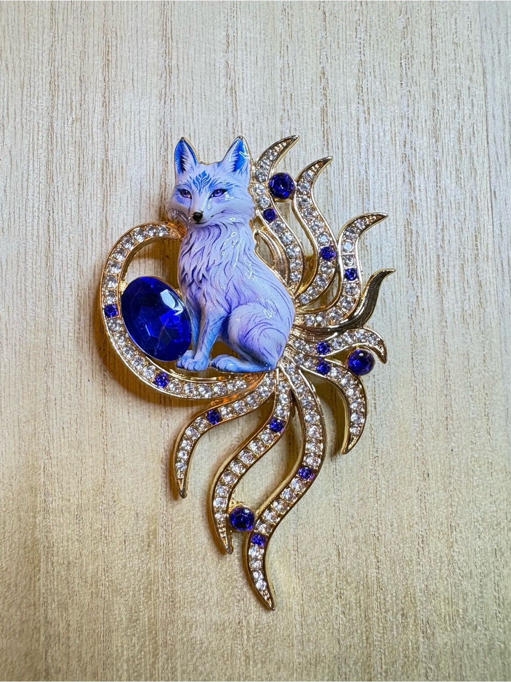 Blue Fox Rhinestone Brooch - Gold Tone